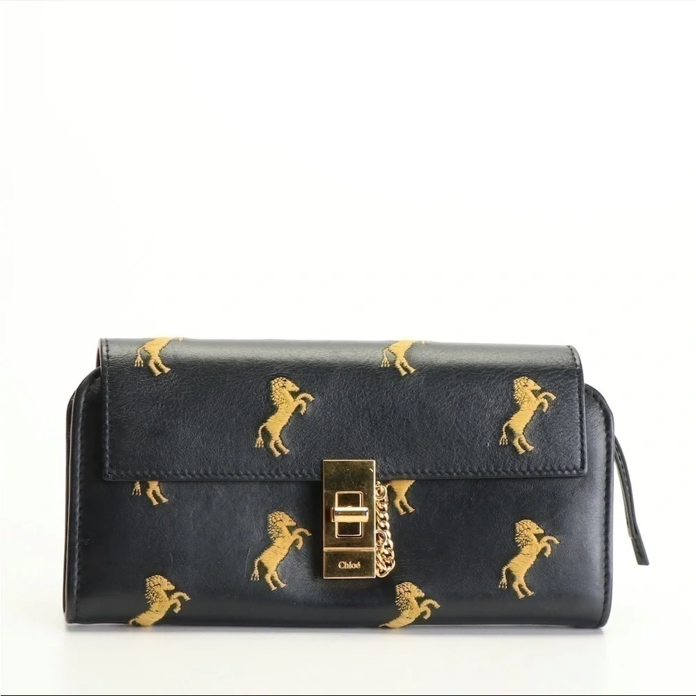 Chloé Drew Horse Embroidered Leather Continental Wallet Navy